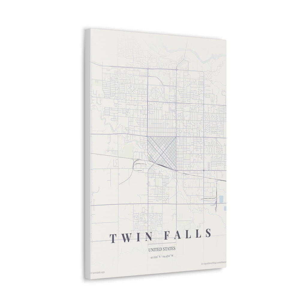 Twin Falls City Map Canvas Wall Art — Minimalist Vintage Map Print