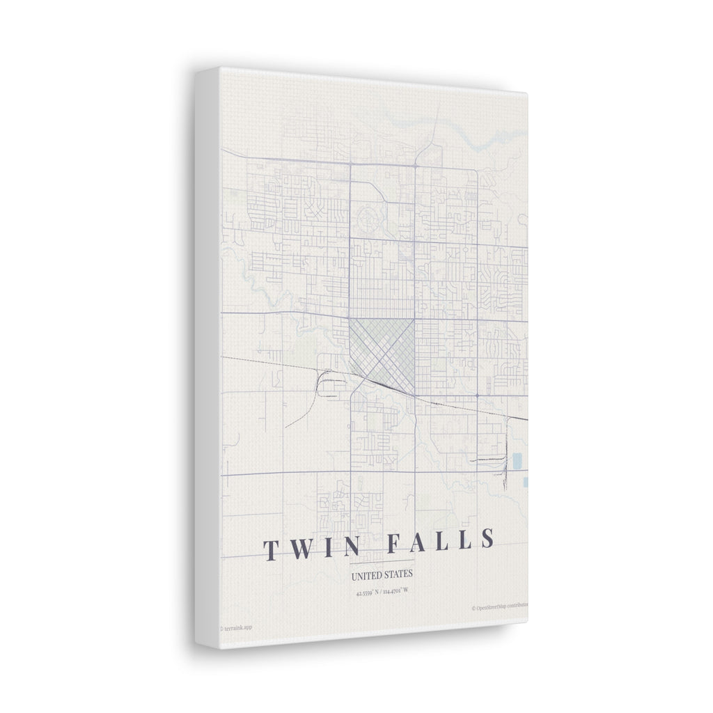 Twin Falls City Map Canvas Wall Art — Minimalist Vintage Map Print