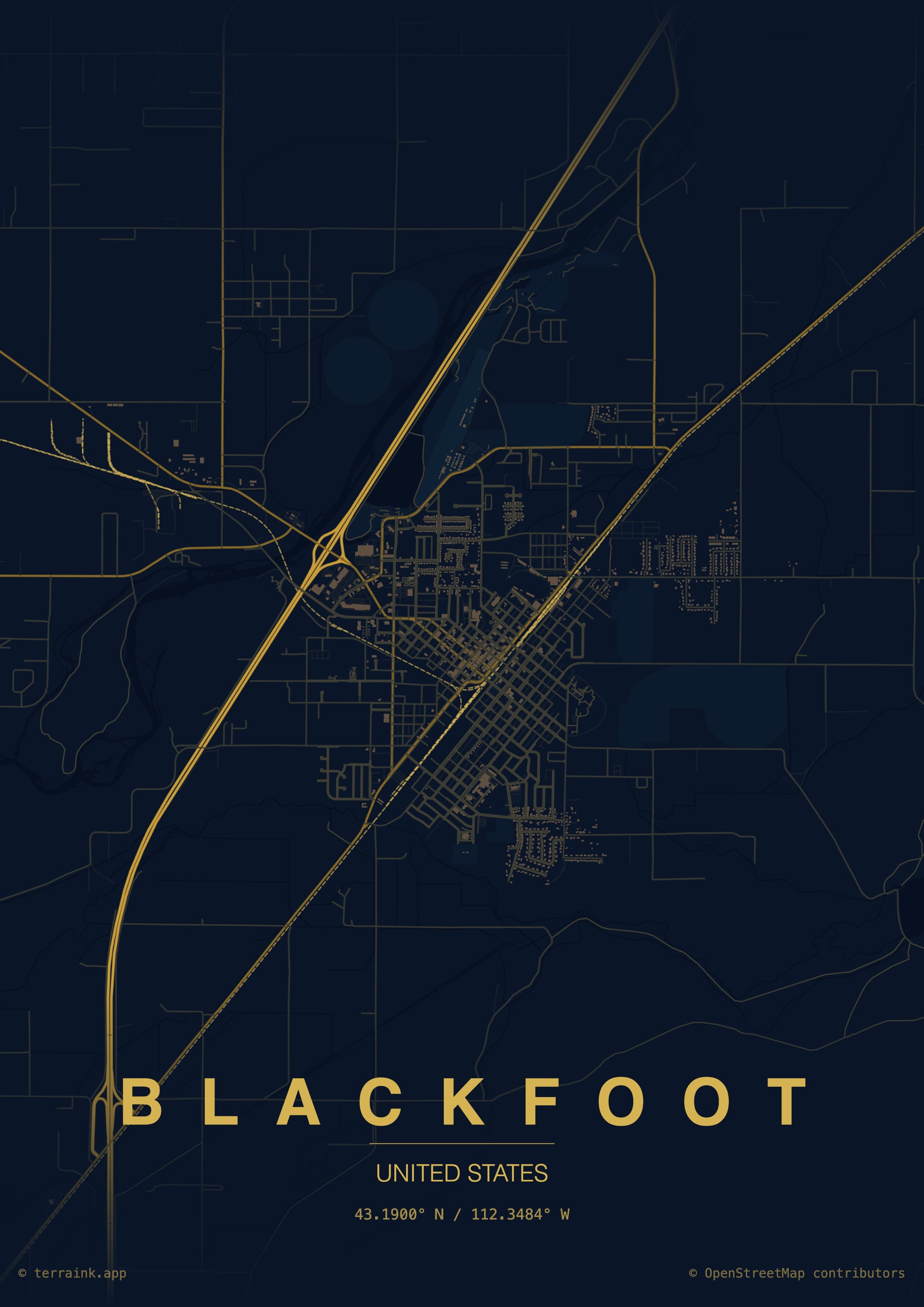 Blackfoot , Id , Gold & Black City Map Canvas — Matte Stretched Wall Art