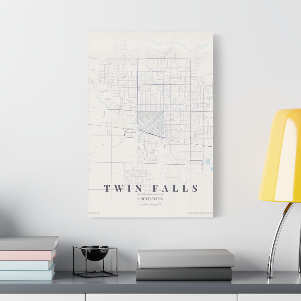 Twin Falls City Map Canvas Wall Art — Minimalist Vintage Map Print