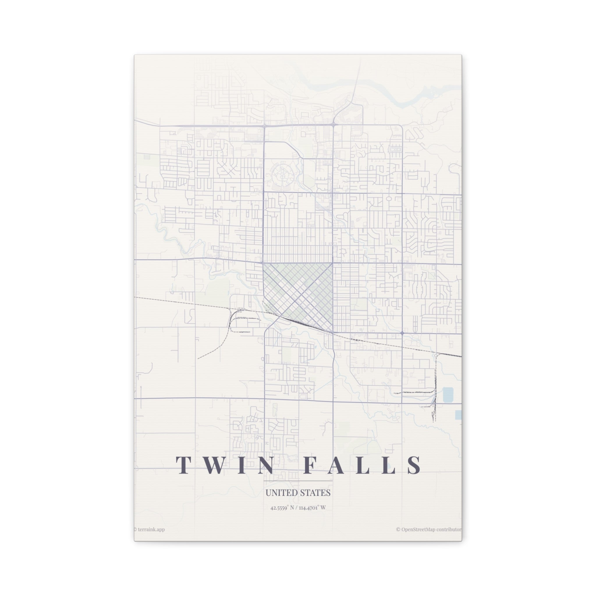 Twin Falls City Map Canvas Wall Art — Minimalist Vintage Map Print