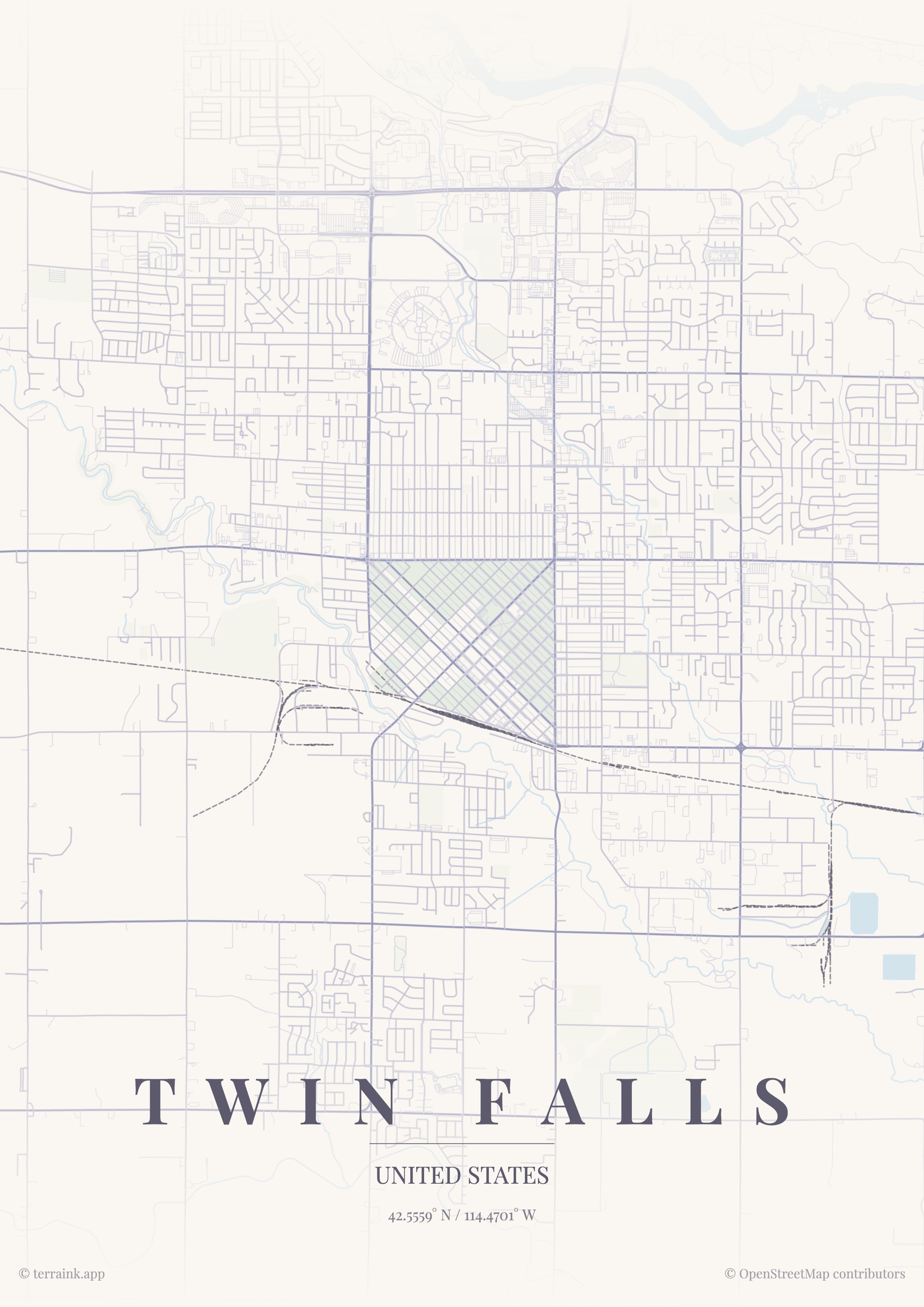 Twin Falls City Map Canvas Wall Art — Minimalist Vintage Map Print